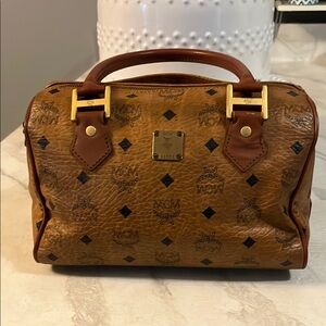 MCM Brown Logo Satchel with Gold Accents-Speedy 25 size